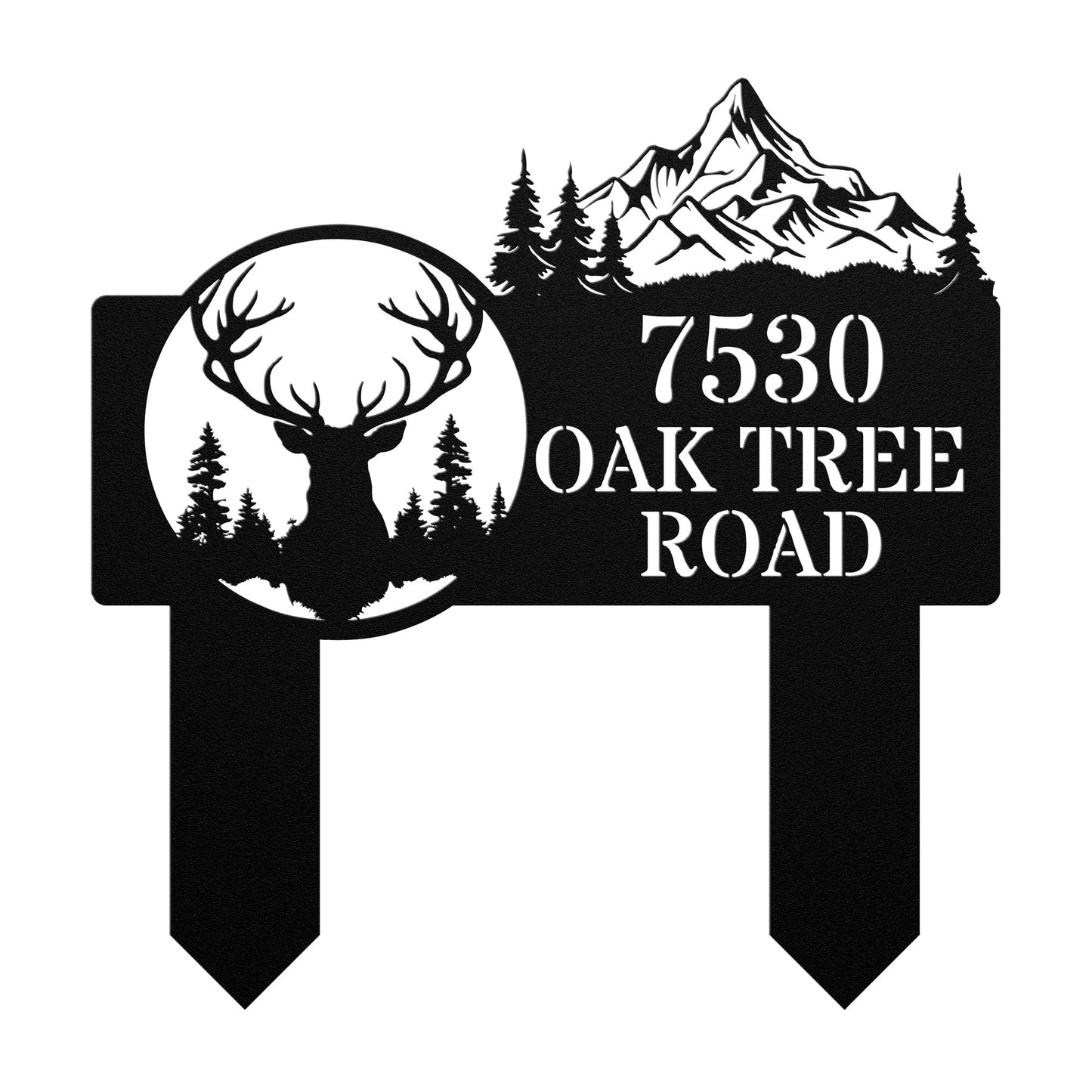 customizable metal address sign with in-ground stakes. Black Color. Deer head and mountain design.